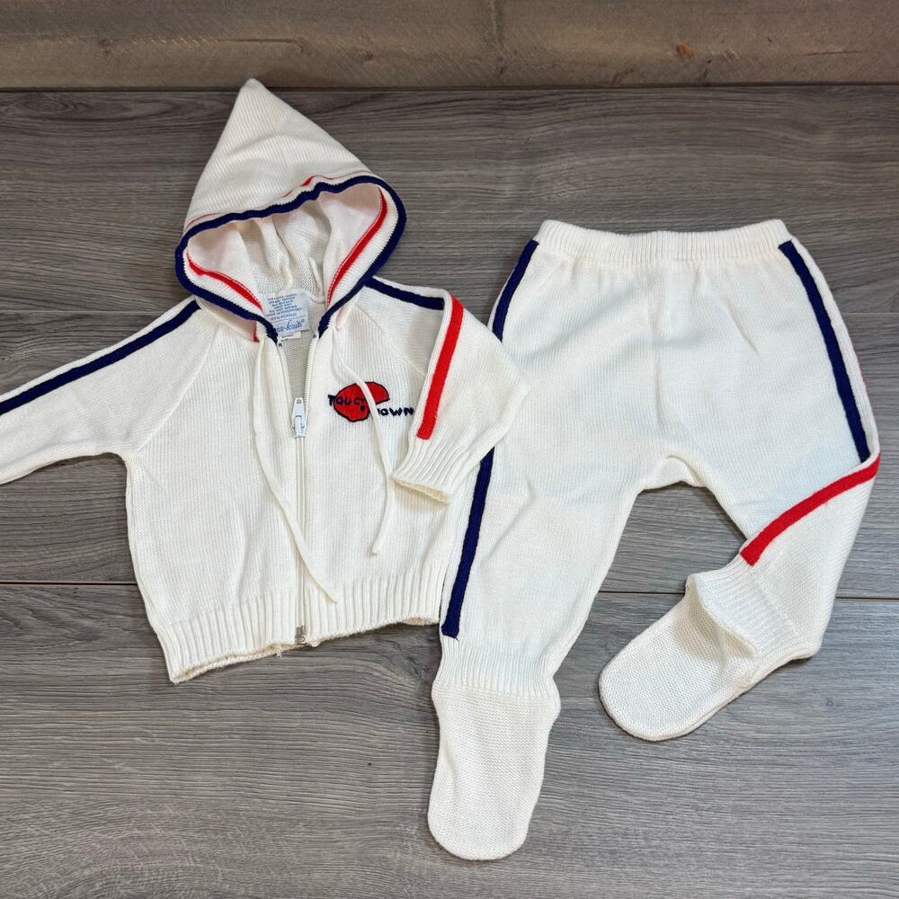 Vtg 70s Nann-knits Infant Baby Hooded Outfit Size Newborn 2 Pc Acrylic Football